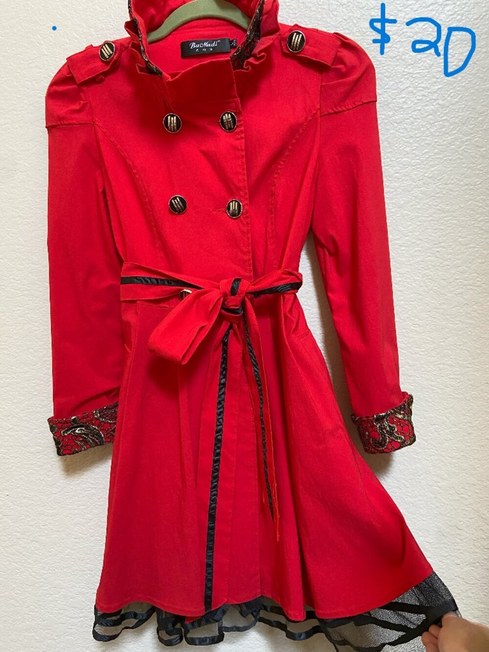 Double-Breasted Belted Trench Coat, Red, size xs